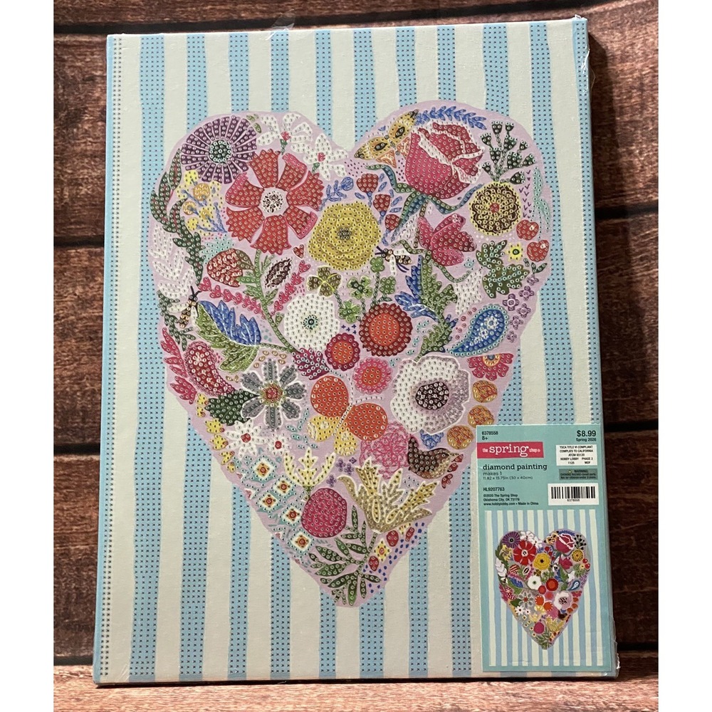 Floral Heart with Blue Stripes Canvas Diamond Painting Kit Hobby Lobby New